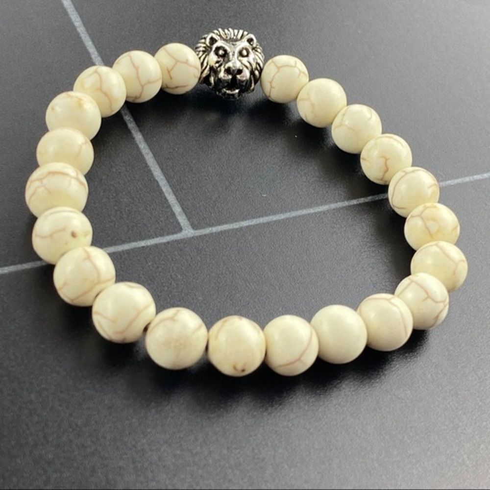 Marbled Stone Lion Beaded SILVER Bracelet